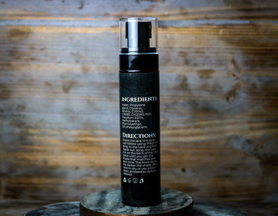 label on lace tint bottle showing ingredients and directions against a wood background