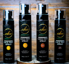  4 bottles of lace tint spray in the shades light warm brown, light brown, medium brown and dark brown against a wood background