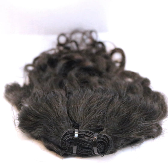 a bundle of black hair extensions in the natural curly texture on a white background